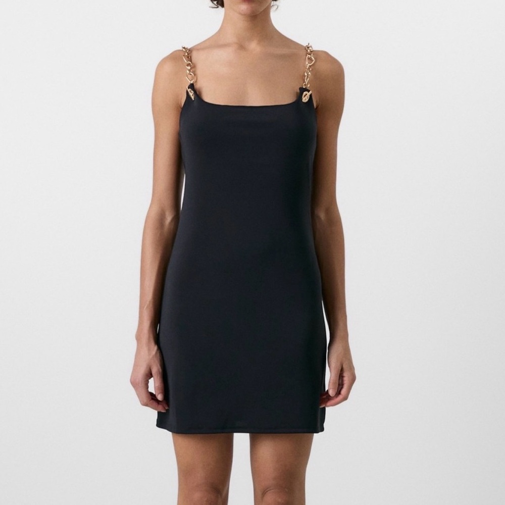Cult Gaia Black Mini Dress with Gold Chain Straps